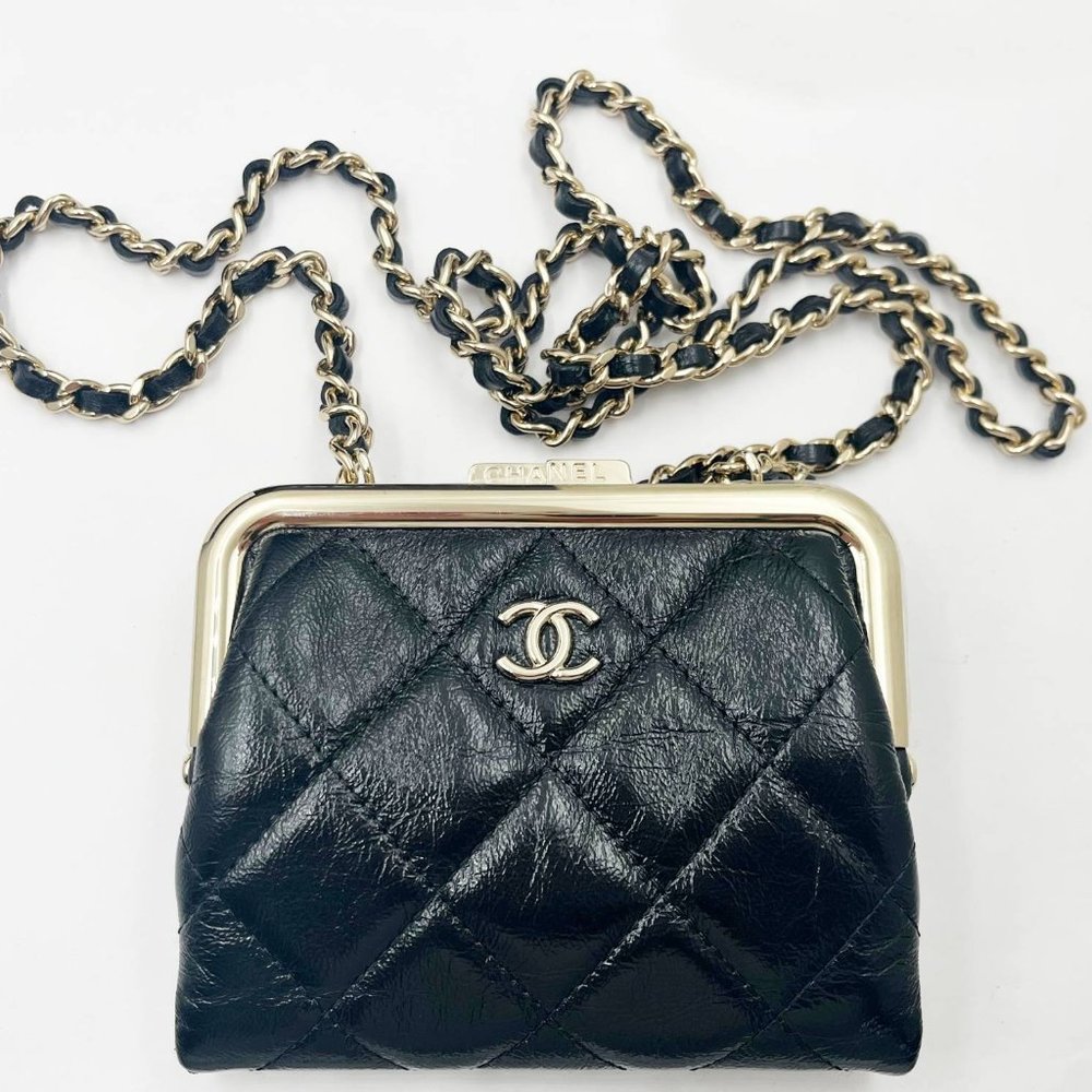 Chanel Brand New Black Crinkled Leather Coin Purse Crossbody Bag